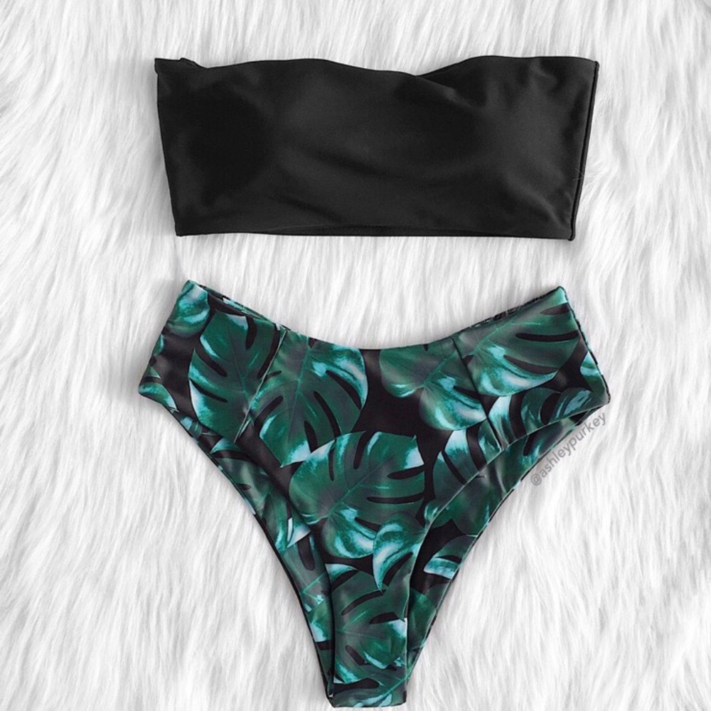 ❤️CLEARANCE❤️ Black green leaf high waisted bikini